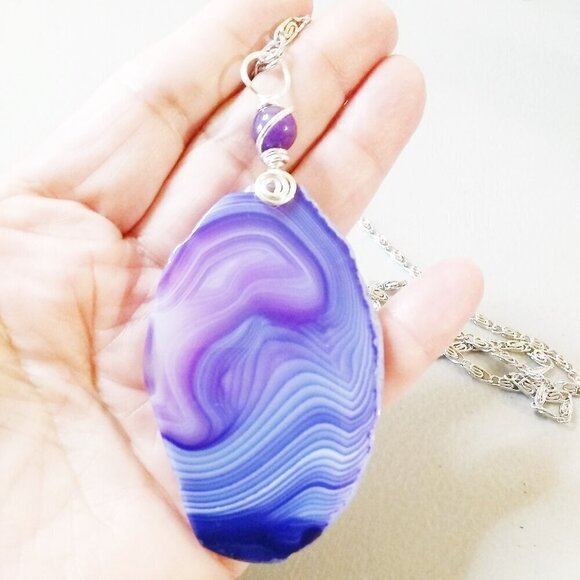 Purple Agate Geode Statement Necklace! Big Bold & Bodacious! Lilac Lavender Plum - Picture 5 of 8